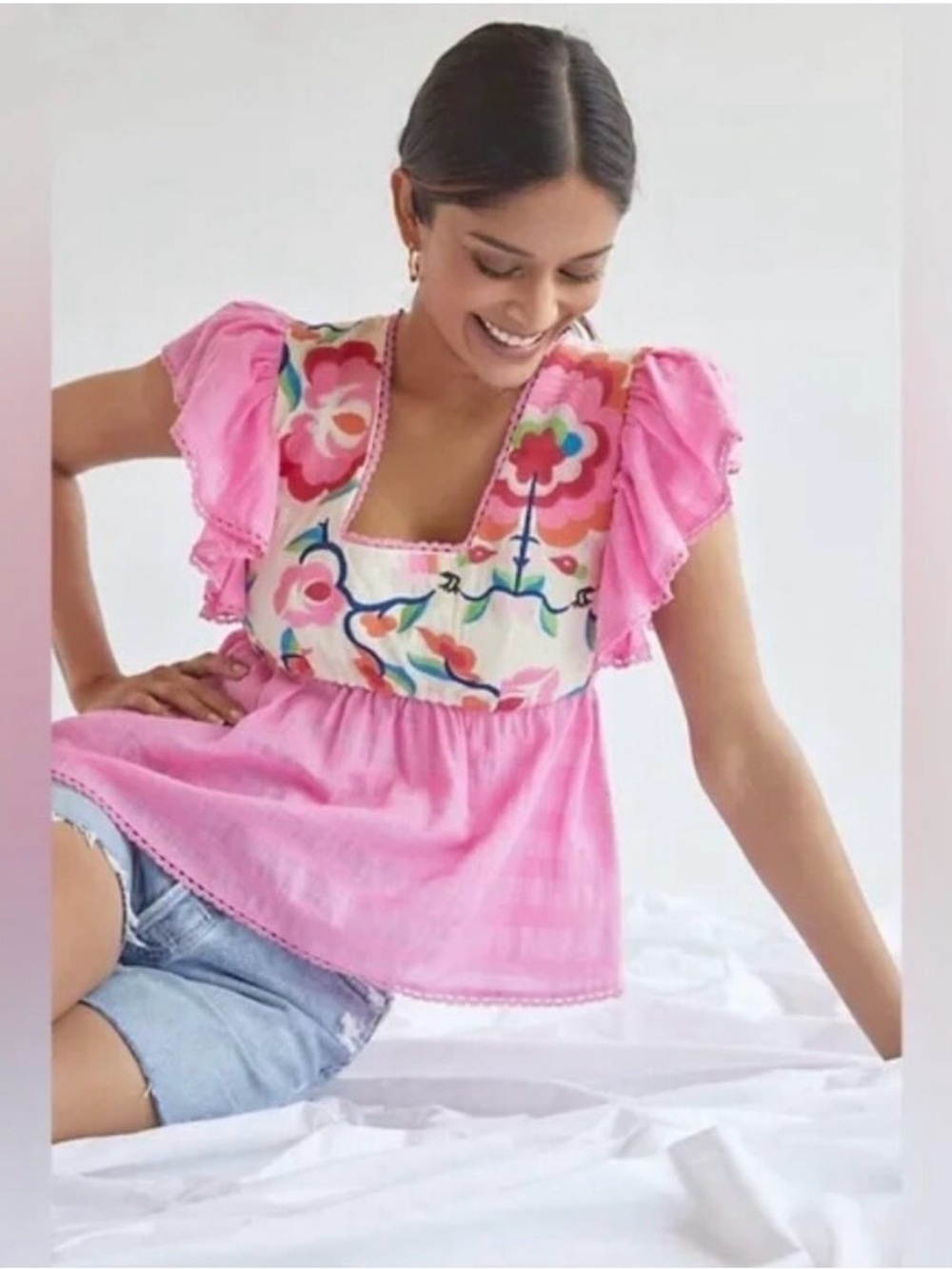 Plenty by Tracy Reese Pink Floral Embroidered Square-Neck Women’s Top